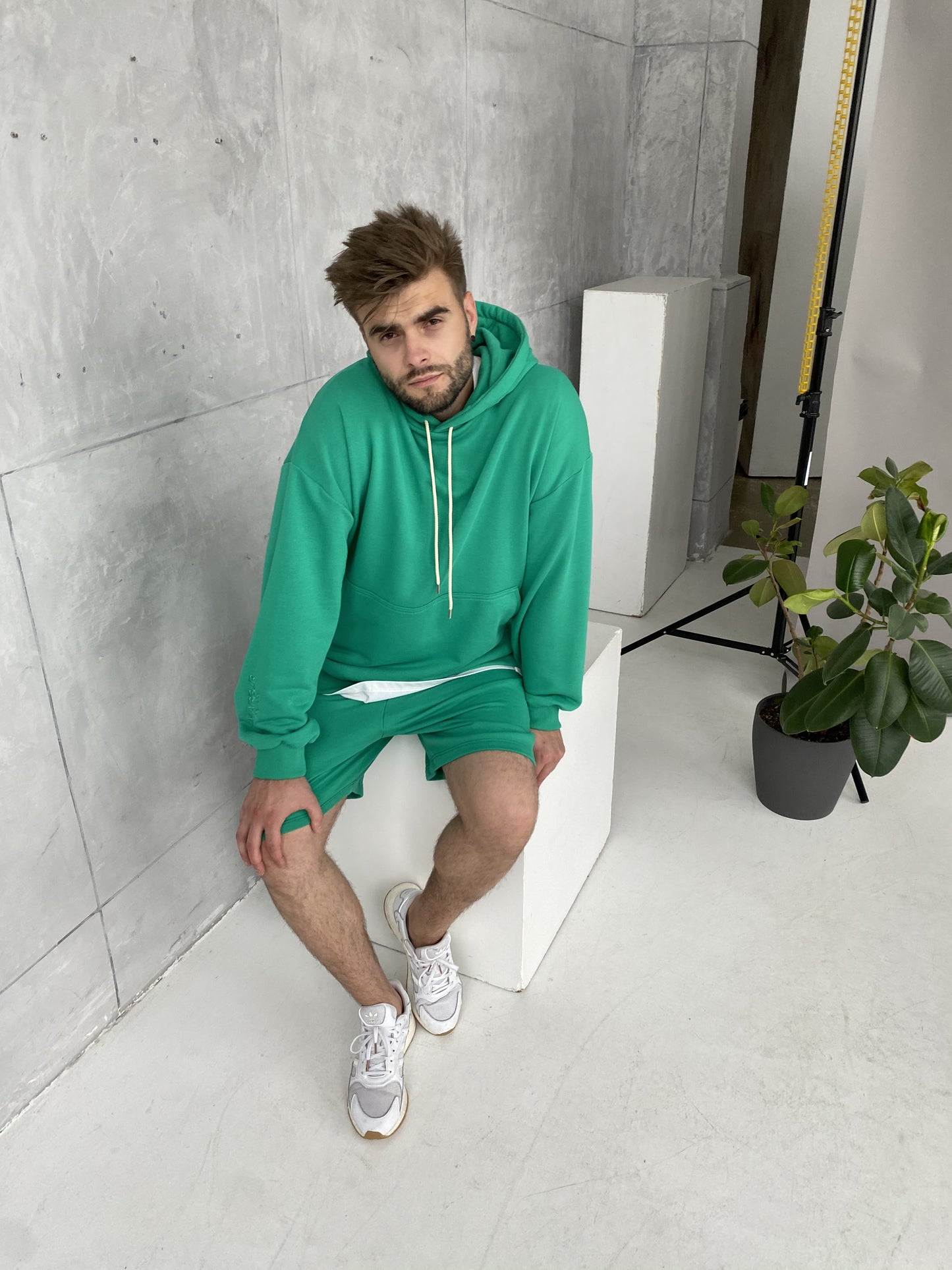 GRASS GREEN with shorts and hoodie